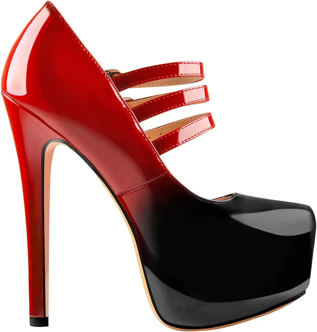 15cm Platform Round Toe Patent High Heel Stiletto Ankle Strap Pumps