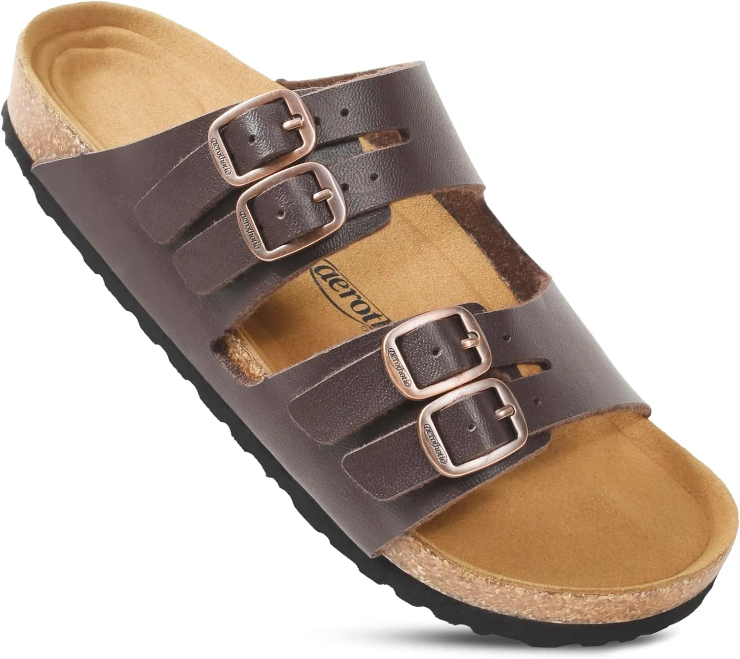 AEROTHOTIC Arch Support Recovery Slides for Women Comfy Memory Foam Cork Footbed Double Straps with Adjustable Buckle Slip on Beach Dressy Outdoor Ladies Sandals