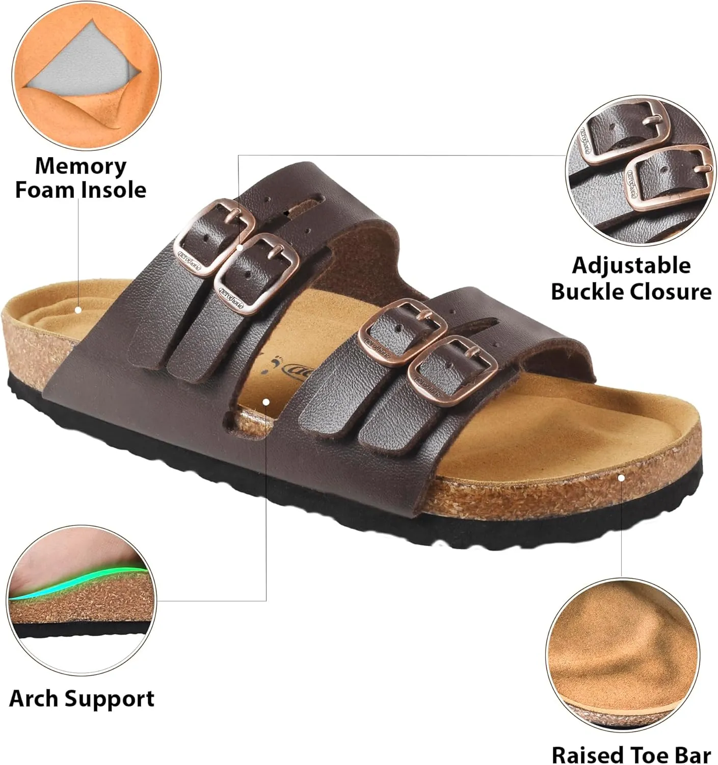 AEROTHOTIC Arch Support Recovery Slides for Women Comfy Memory Foam Cork Footbed Double Straps with Adjustable Buckle Slip on Beach Dressy Outdoor Ladies Sandals