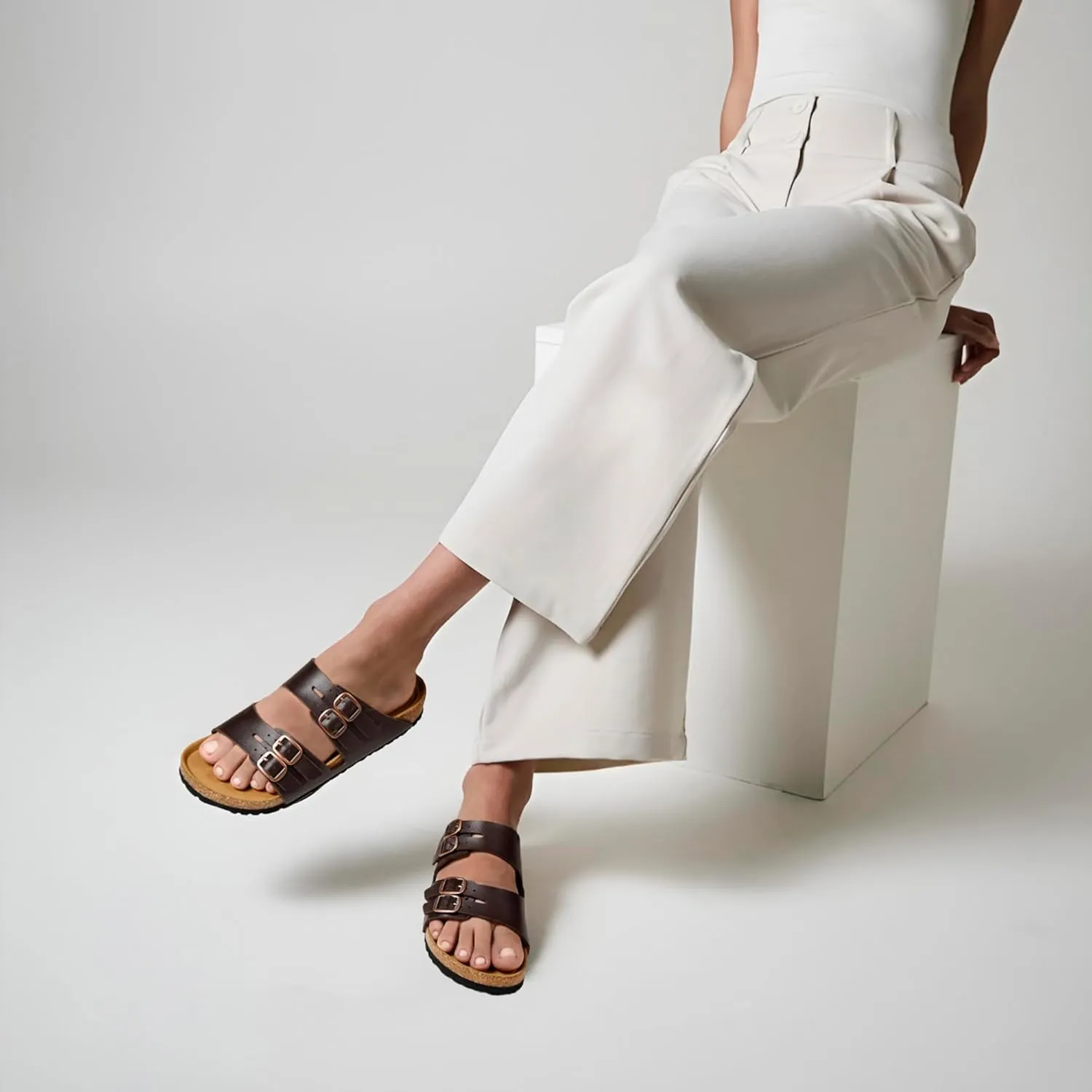 AEROTHOTIC Arch Support Recovery Slides for Women Comfy Memory Foam Cork Footbed Double Straps with Adjustable Buckle Slip on Beach Dressy Outdoor Ladies Sandals