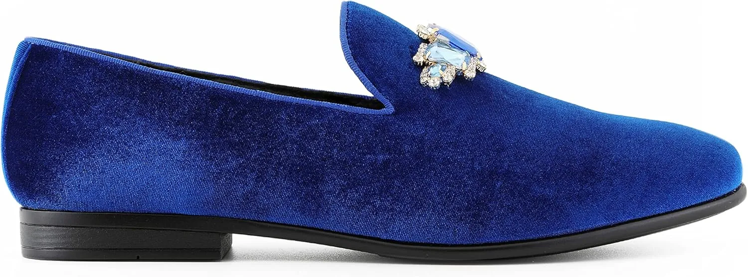 Amali Tiago- The Original Men's Faux Velvet Slip On Loafer with Jeweled Bit and Matching Piping - Mens Smoking Slip On Shoes - Formal Tuxedo Dress Shoe Loafers for Men