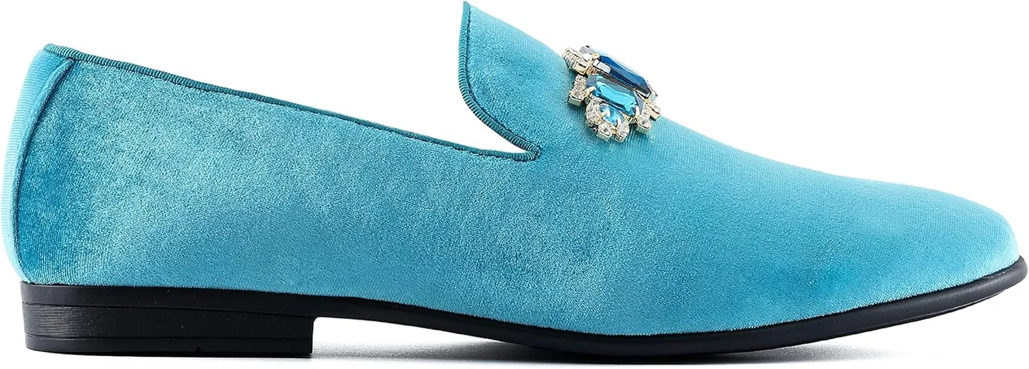 Amali Tiago- The Original Men's Faux Velvet Slip On Loafer with Jeweled Bit and Matching Piping - Mens Smoking Slip On Shoes - Formal Tuxedo Dress Shoe Loafers for Men