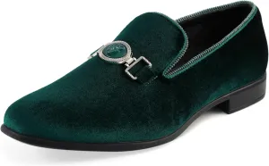 Amali Velvet Slip-On Dress Loafers for Men with Lion Head Piece, Men's Formal Smoking Tuxedo Slippers, Loafer Shoes with Metal Chain Detail