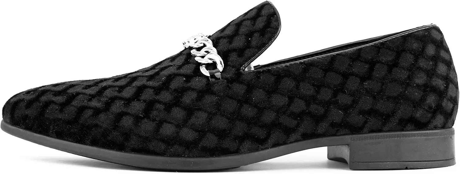Amali Velvet Slip-On Dress Loafers for Men with Lion Head Piece, Men's Formal Smoking Tuxedo Slippers, Loafer Shoes with Metal Chain Detail