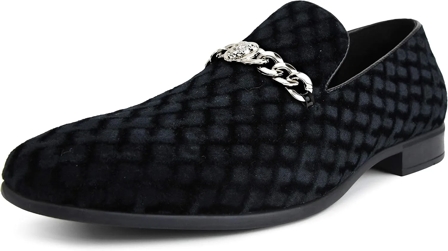 Amali Velvet Slip-On Dress Loafers for Men with Lion Head Piece, Men's Formal Smoking Tuxedo Slippers, Loafer Shoes with Metal Chain Detail