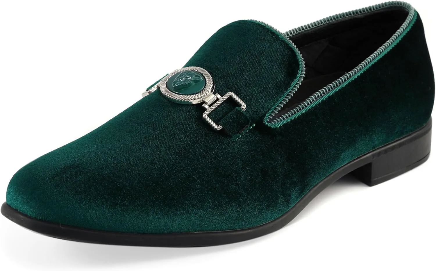 Amali Velvet Slip-On Dress Loafers for Men with Lion Head Piece, Men's Formal Smoking Tuxedo Slippers, Loafer Shoes with Metal Chain Detail