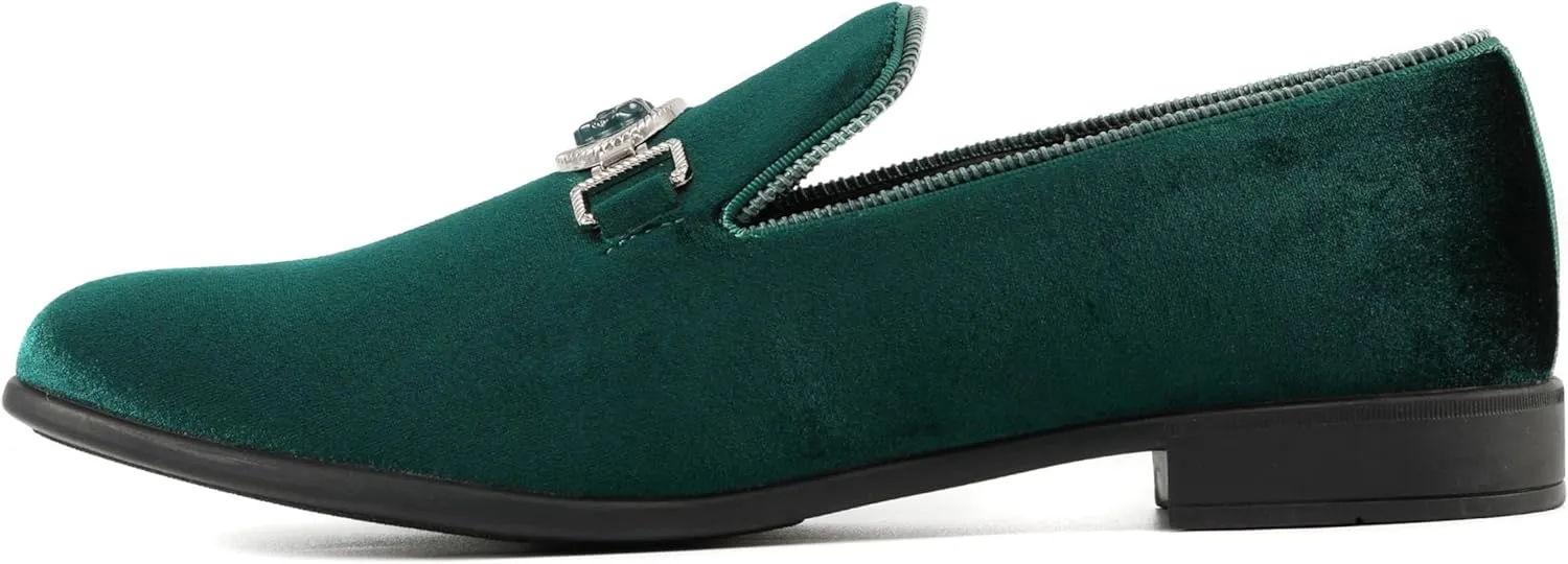 Amali Velvet Slip-On Dress Loafers for Men with Lion Head Piece, Men's Formal Smoking Tuxedo Slippers, Loafer Shoes with Metal Chain Detail