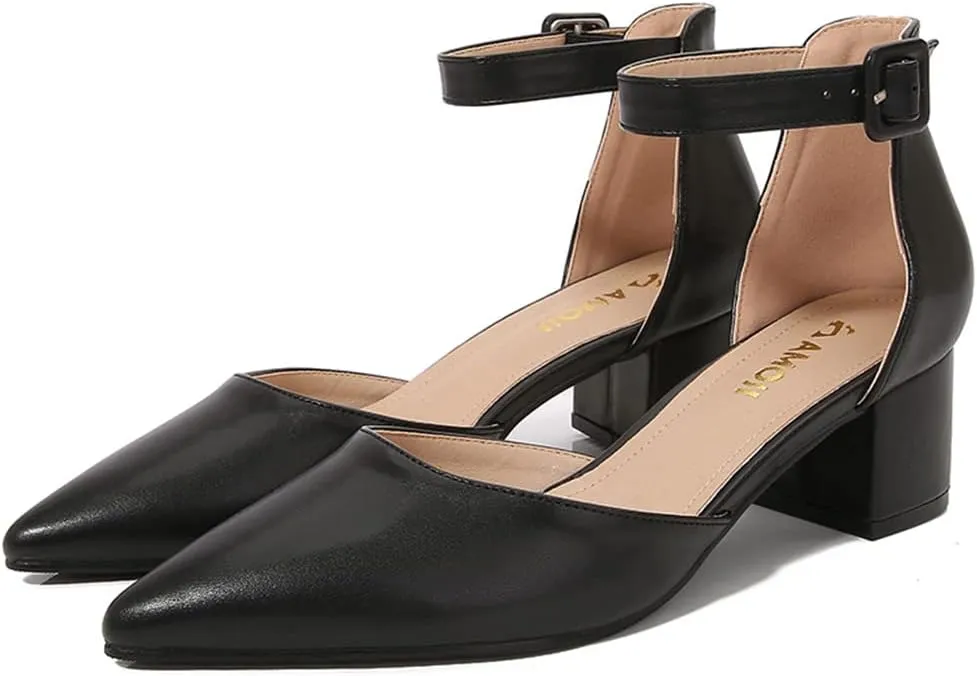 Amoji Women's 2 inch Pointed Toe Low Chunky Heels Dress Pumps Heeled Shoes with Ankle Strap 412
