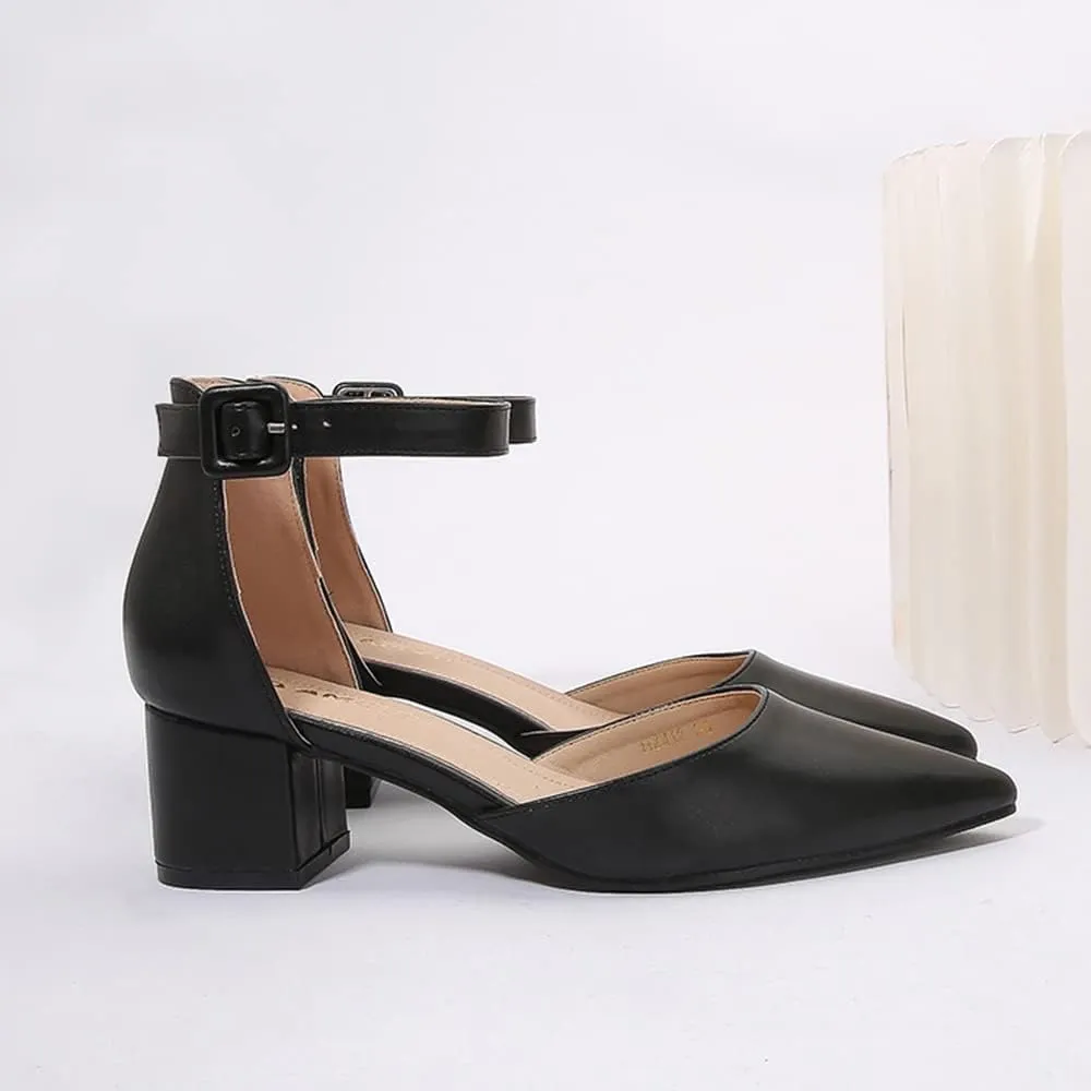 Amoji Women's 2 inch Pointed Toe Low Chunky Heels Dress Pumps Heeled Shoes with Ankle Strap 412