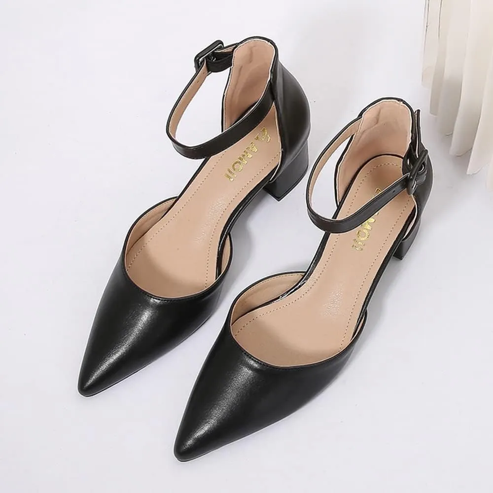 Amoji Women's 2 inch Pointed Toe Low Chunky Heels Dress Pumps Heeled Shoes with Ankle Strap 412
