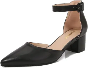 Amoji Women's 2 inch Pointed Toe Low Chunky Heels Dress Pumps Heeled Shoes with Ankle Strap 412
