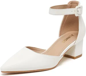 Amoji Women's 2 inch Pointed Toe Low Chunky Heels Dress Pumps Heeled Shoes with Ankle Strap 412