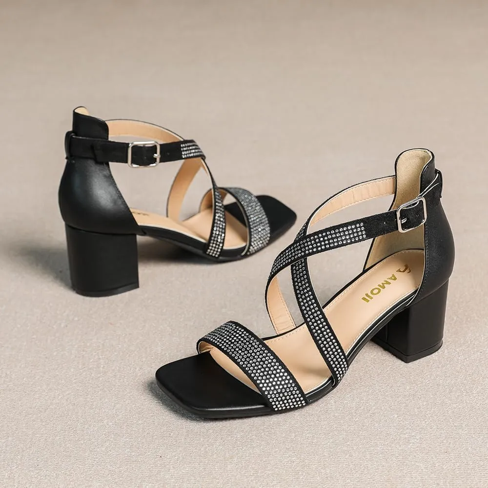 Amoji Women's 2.5 Inch Low Heel Ankle Strap Dressy Sandals 301