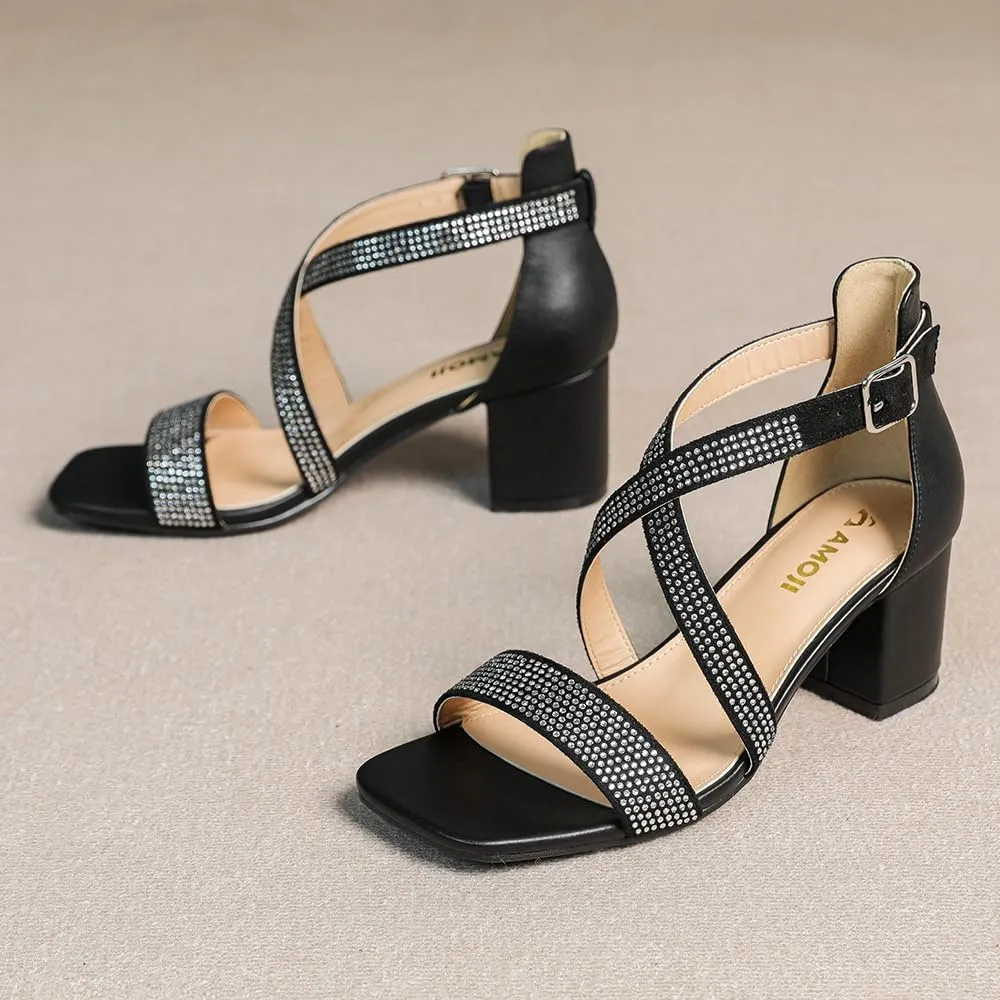 Amoji Women's 2.5 Inch Low Heel Ankle Strap Dressy Sandals 301