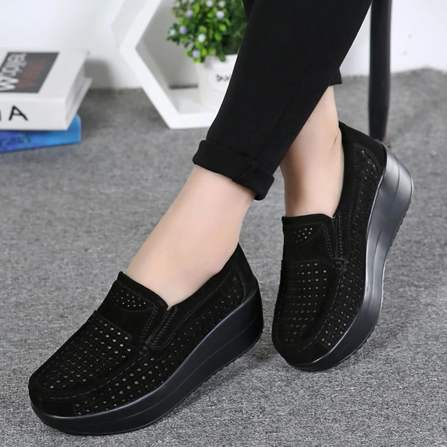 AngryMonkey Women's Fashion Platform Sneakers High Hidden Heel Wedge Moccasin Slip-on Casual Low Top Non-Slip Walking Shoes
