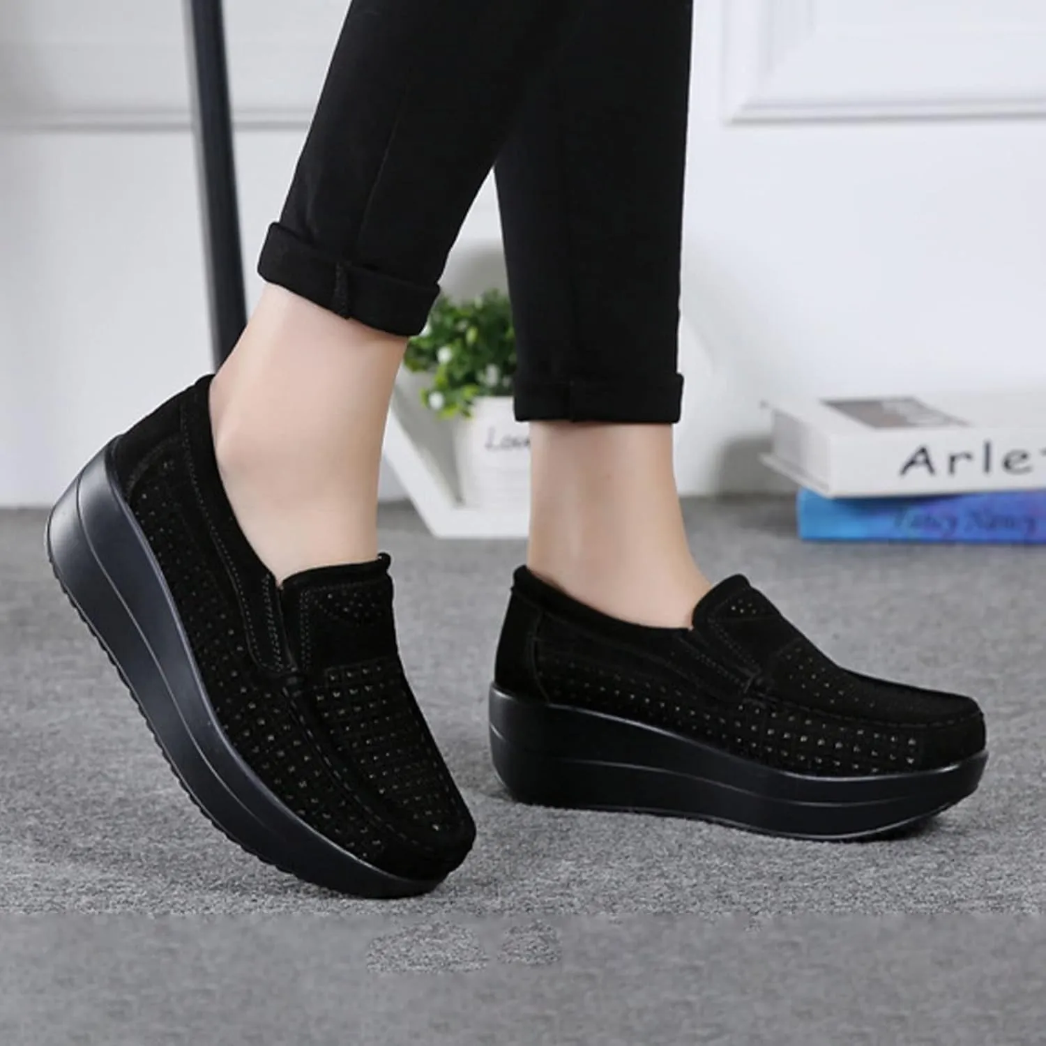 AngryMonkey Women's Fashion Platform Sneakers High Hidden Heel Wedge Moccasin Slip-on Casual Low Top Non-Slip Walking Shoes