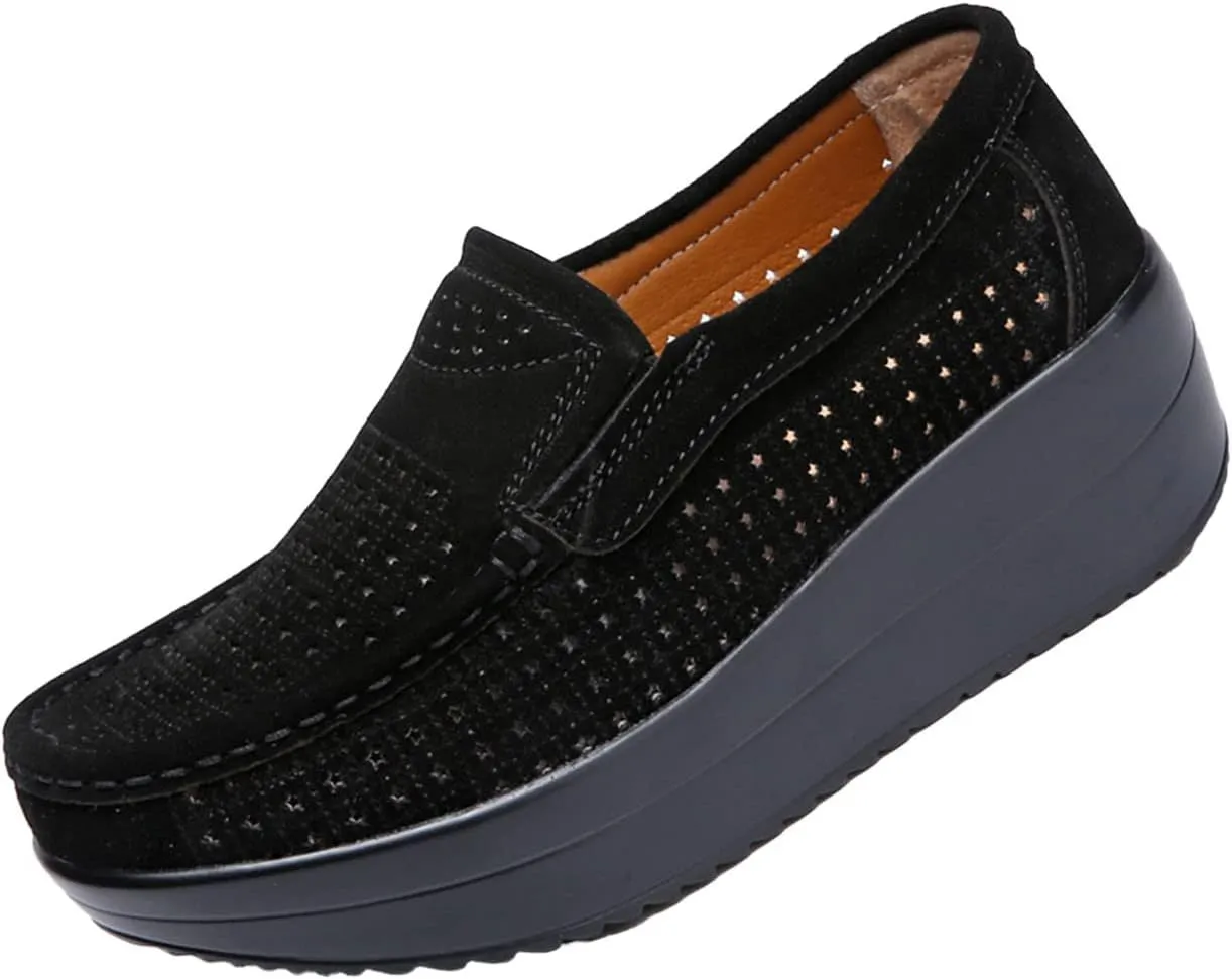 AngryMonkey Women's Fashion Platform Sneakers High Hidden Heel Wedge Moccasin Slip-on Casual Low Top Non-Slip Walking Shoes