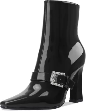 Ankle Boots Chunky High Heel Black Booties Closed Square Toe Short Boot with Side Zipper 4 Inches Heel Crocodile Pattern for Women Ladies Sexy