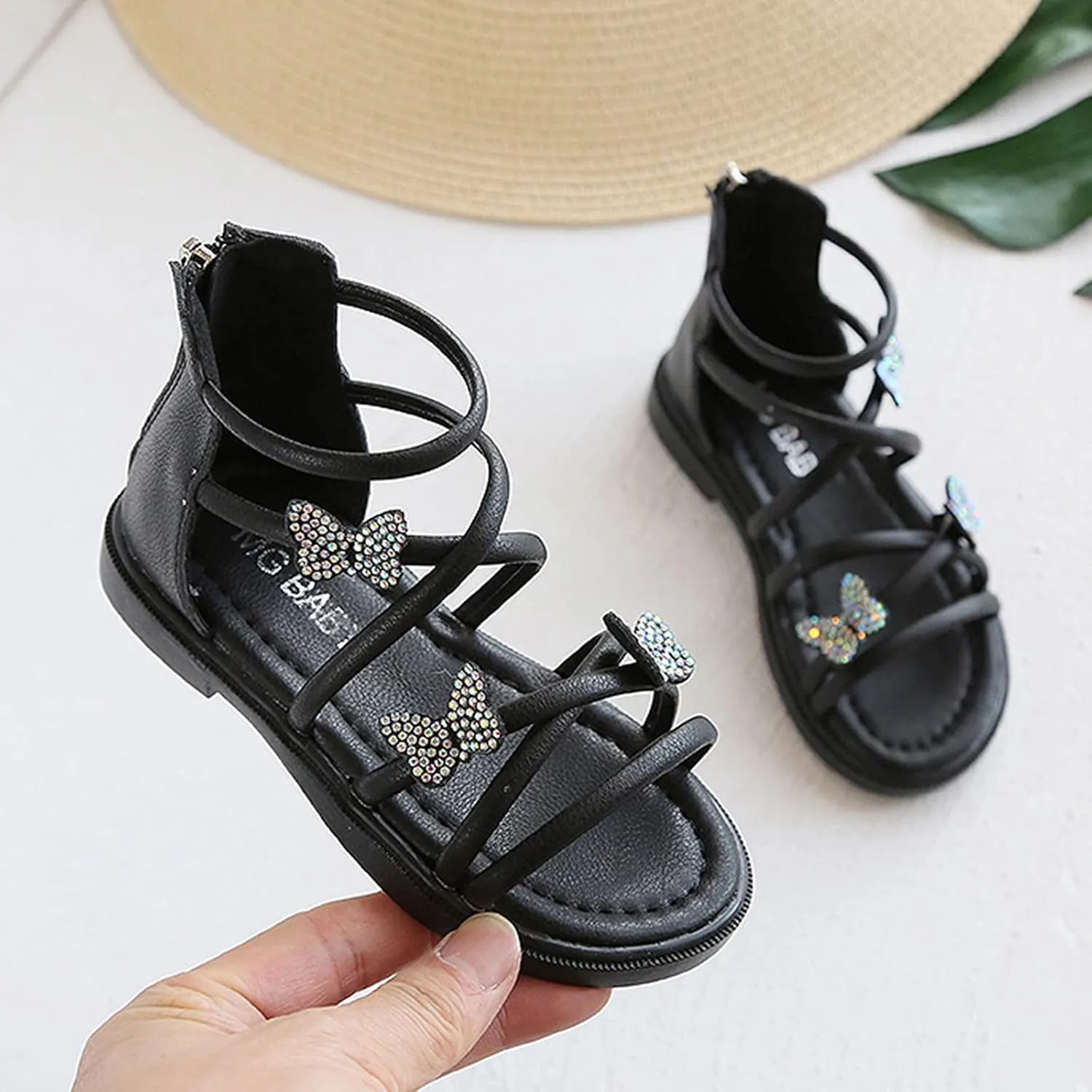 Baby Kids Gl𝐚diator Roman Leather Shoes Girls Childrens Bow Glitter Flat Non Slip Sandals Soft Comfy Summer