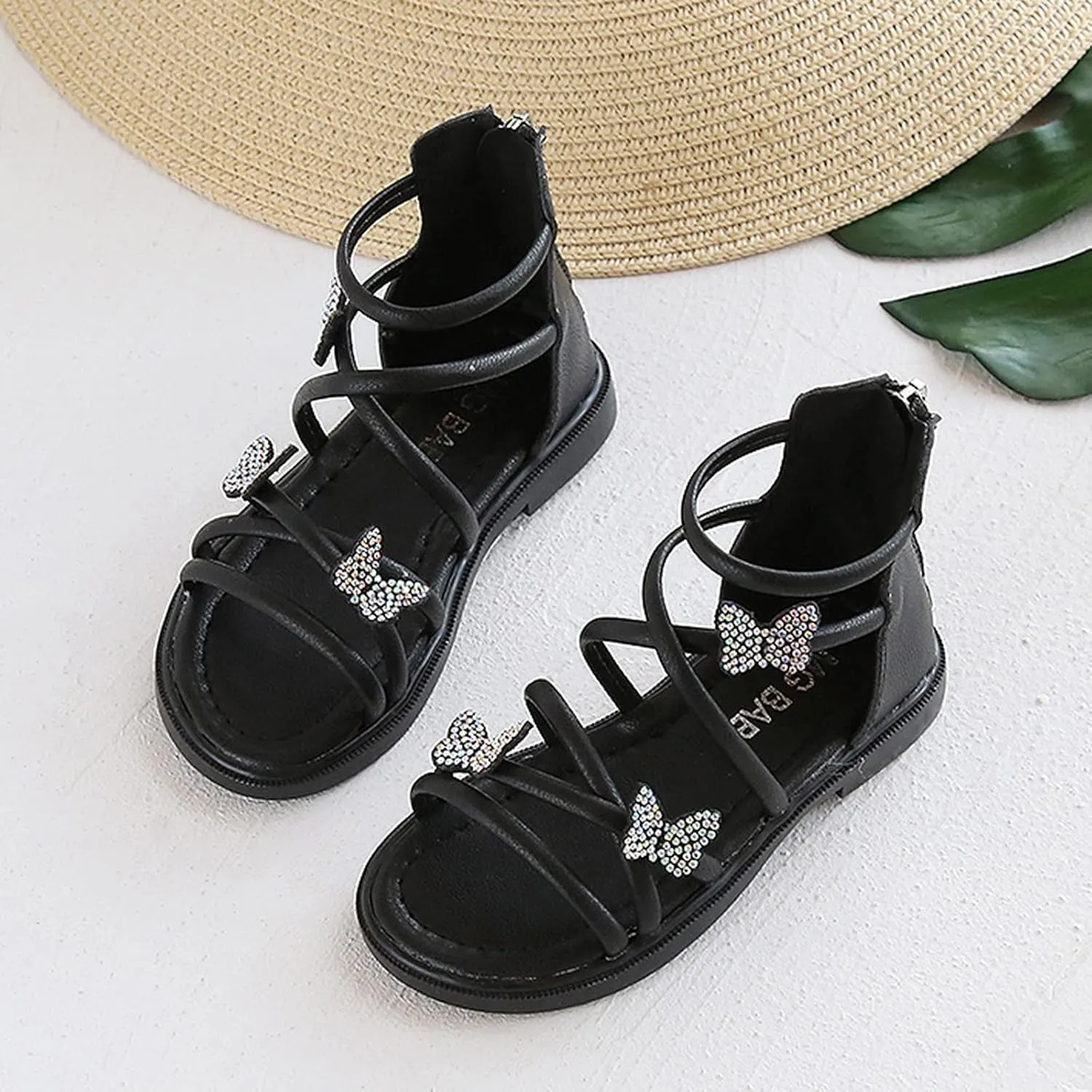 Baby Kids Gl𝐚diator Roman Leather Shoes Girls Childrens Bow Glitter Flat Non Slip Sandals Soft Comfy Summer