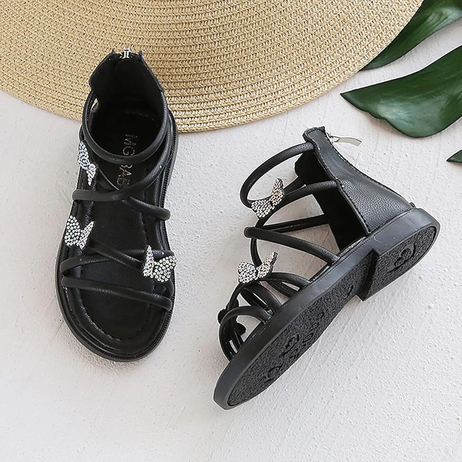Baby Kids Gl𝐚diator Roman Leather Shoes Girls Childrens Bow Glitter Flat Non Slip Sandals Soft Comfy Summer