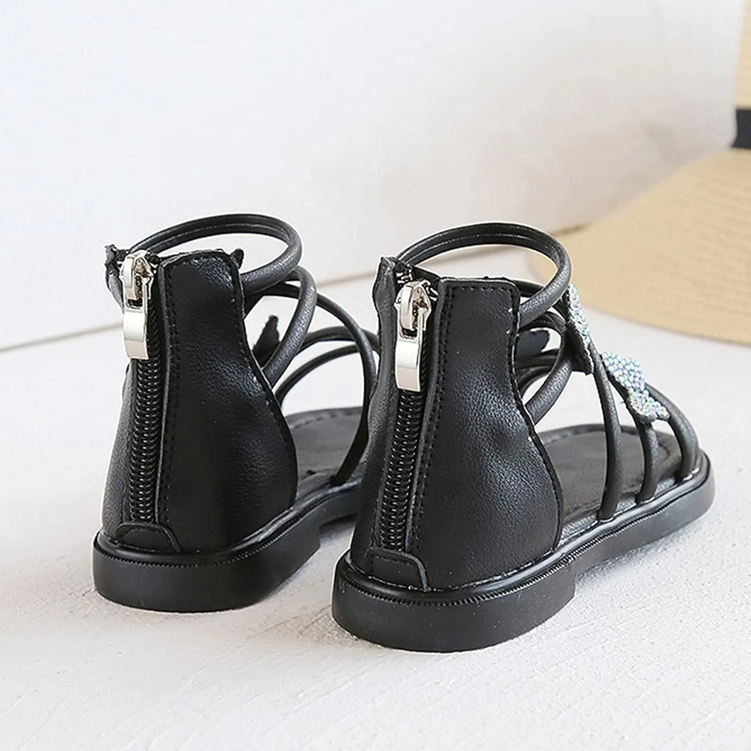 Baby Kids Gl𝐚diator Roman Leather Shoes Girls Childrens Bow Glitter Flat Non Slip Sandals Soft Comfy Summer