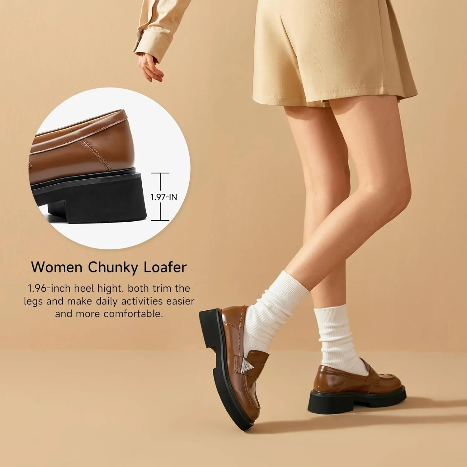 BEAU TODAY Chunky Loafers Women,Patent Full Grain Leather Loafers for Women,Comfortable Slip-on Fashion Platform Shoes, Non Slip Business Casual Work Office Square Toe Dress Shoes