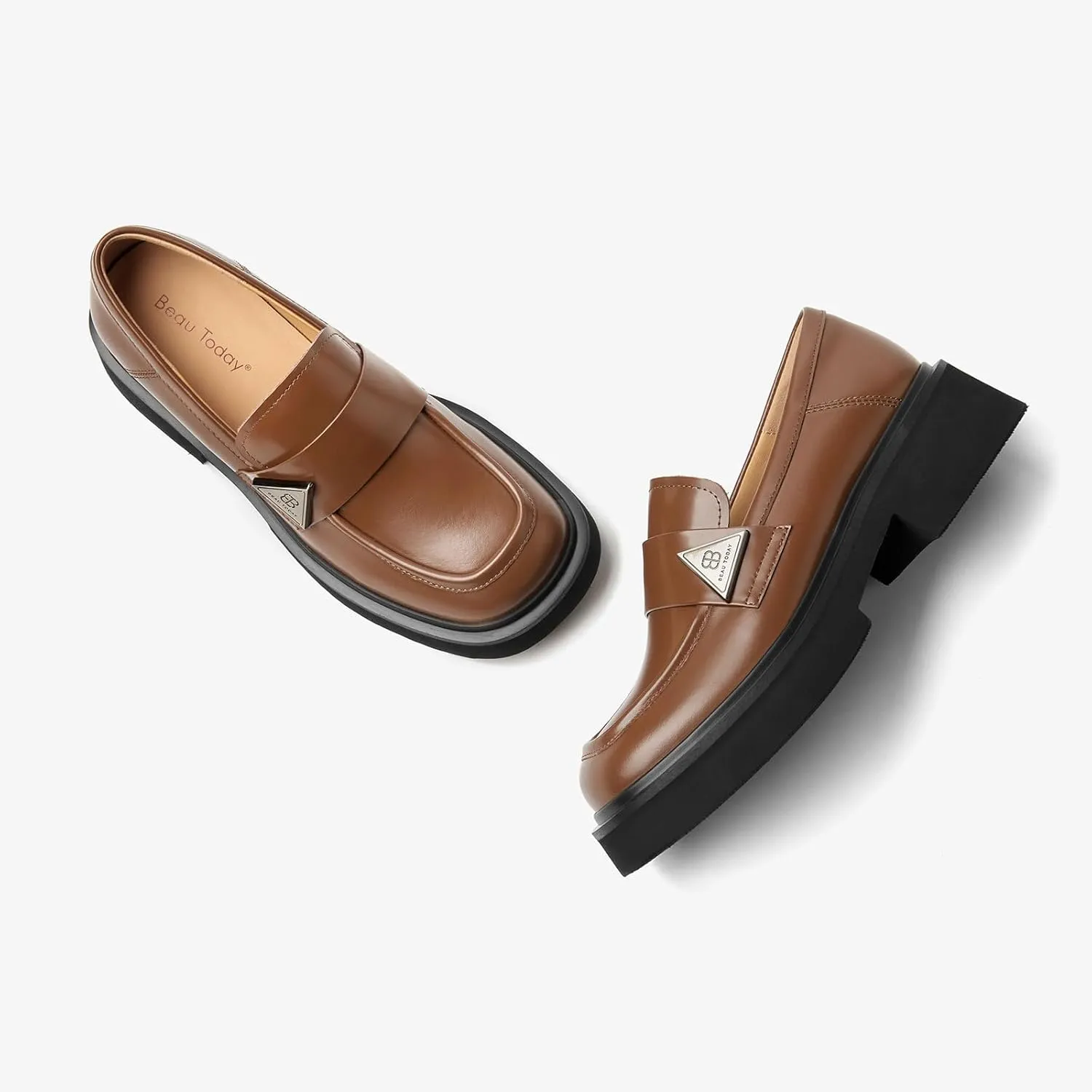 BEAU TODAY Chunky Loafers Women,Patent Full Grain Leather Loafers for Women,Comfortable Slip-on Fashion Platform Shoes, Non Slip Business Casual Work Office Square Toe Dress Shoes