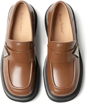 BEAU TODAY Chunky Loafers Women,Patent Full Grain Leather Loafers for Women,Comfortable Slip-on Fashion Platform Shoes, Non Slip Business Casual Work Office Square Toe Dress Shoes