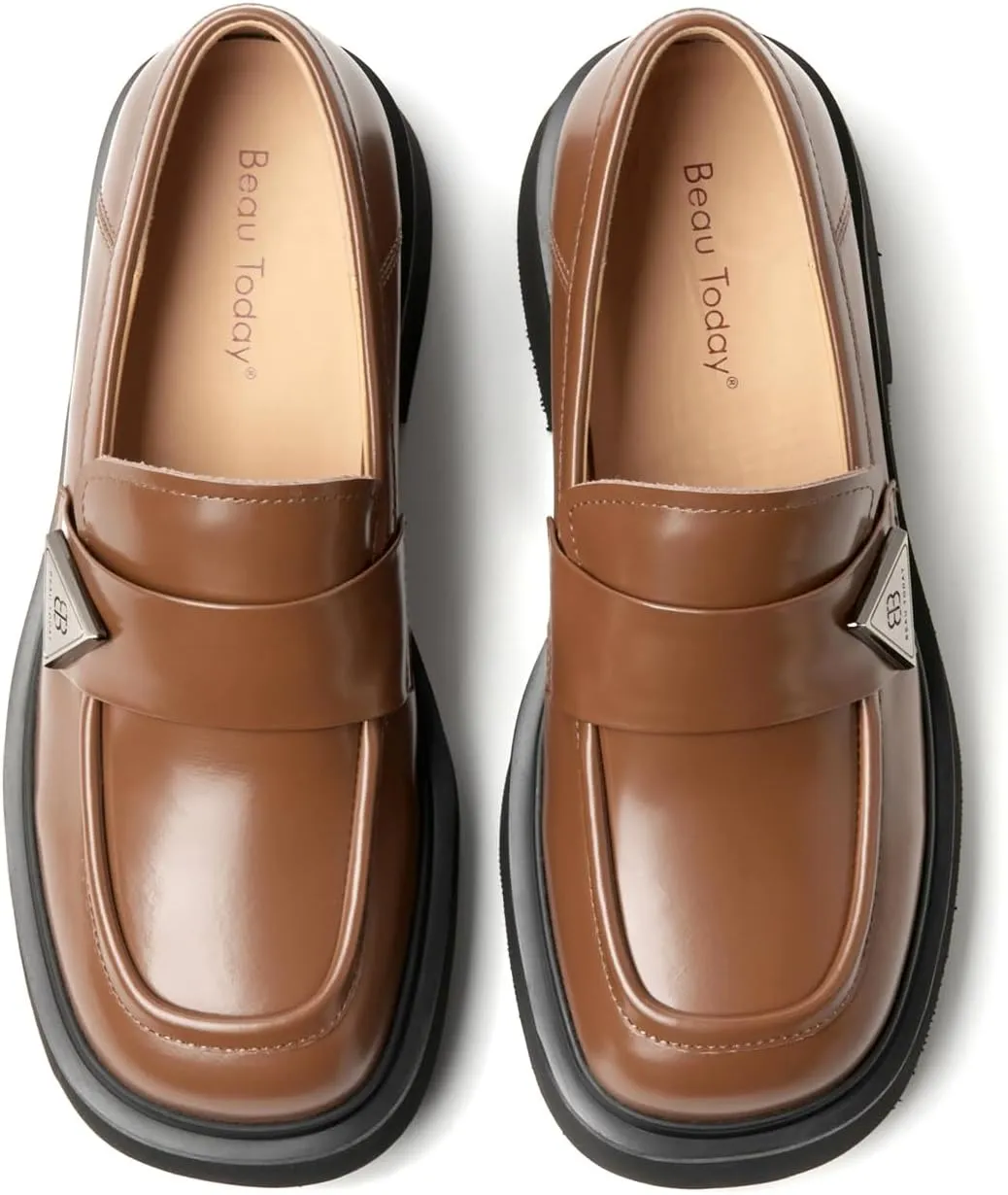 BEAU TODAY Chunky Loafers Women,Patent Full Grain Leather Loafers for Women,Comfortable Slip-on Fashion Platform Shoes, Non Slip Business Casual Work Office Square Toe Dress Shoes