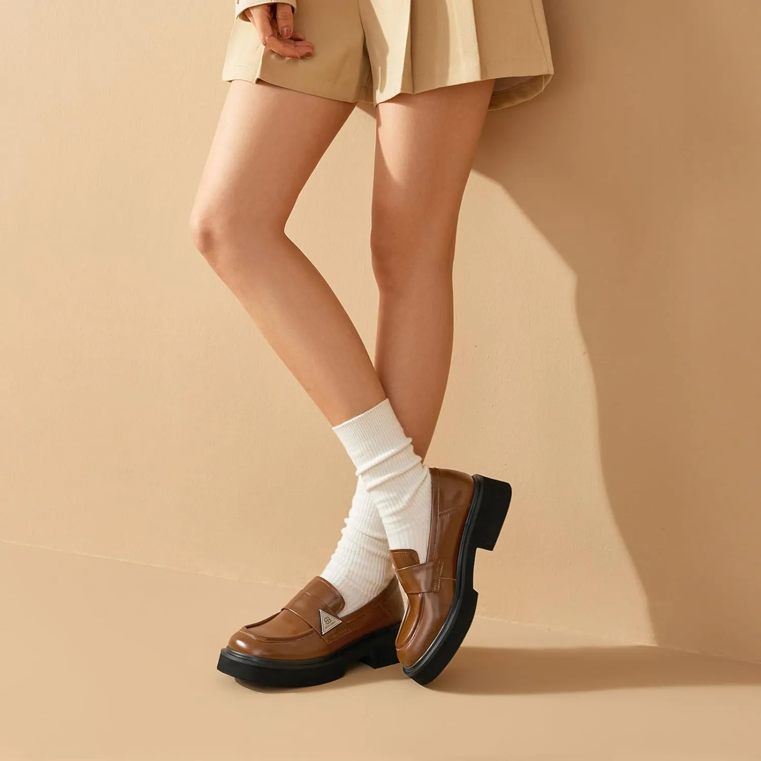 BEAU TODAY Chunky Loafers Women,Patent Full Grain Leather Loafers for Women,Comfortable Slip-on Fashion Platform Shoes, Non Slip Business Casual Work Office Square Toe Dress Shoes