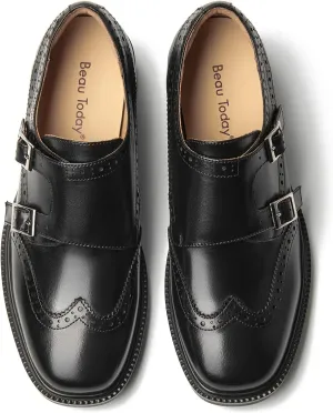 BEAU TODAY Loafers for Women, Monk Strap Brogue Leather Loafer Shoes for Women, Comfortable Square Toe Loafer Flats, Business Casual Vintage Dress Shoes