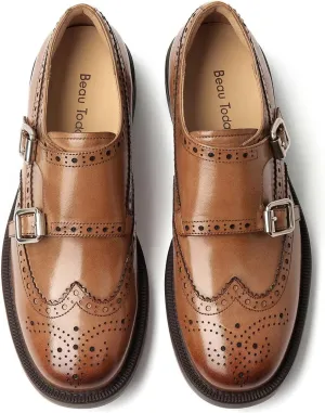 BEAU TODAY Loafers for Women, Monk Strap Brogue Leather Loafer Shoes for Women, Comfortable Square Toe Loafer Flats, Business Casual Vintage Dress Shoes