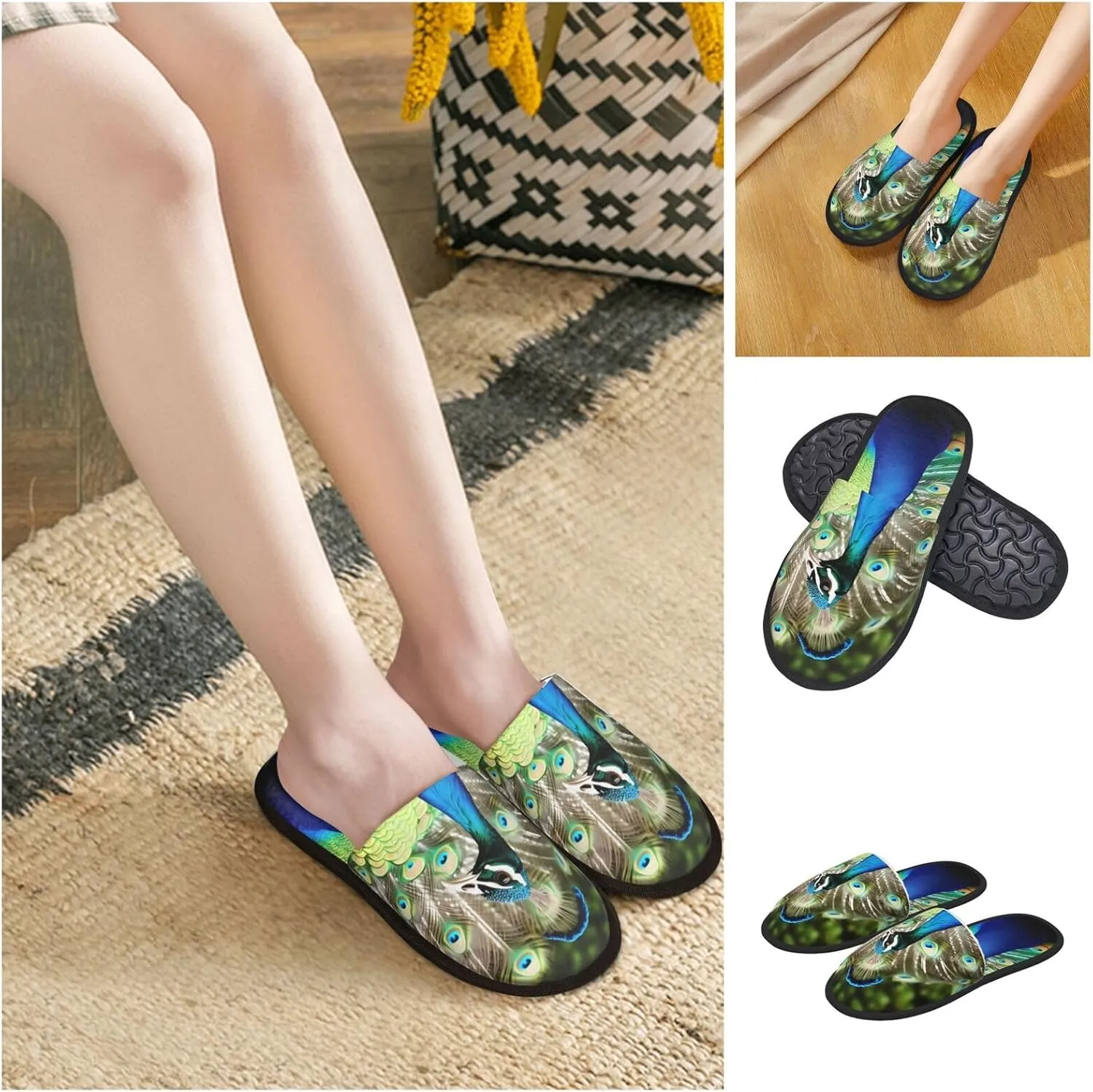 Beautiful peacock Women's Fuzzy Slippers Slip-on Slipper Soft Comfy Bedroom Slippers Non-slip House Shoes