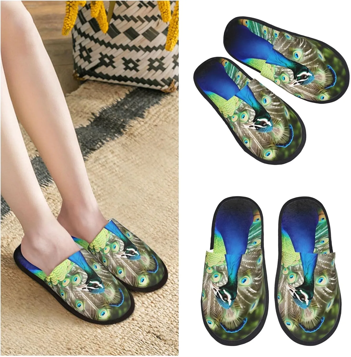 Beautiful peacock Women's Fuzzy Slippers Slip-on Slipper Soft Comfy Bedroom Slippers Non-slip House Shoes