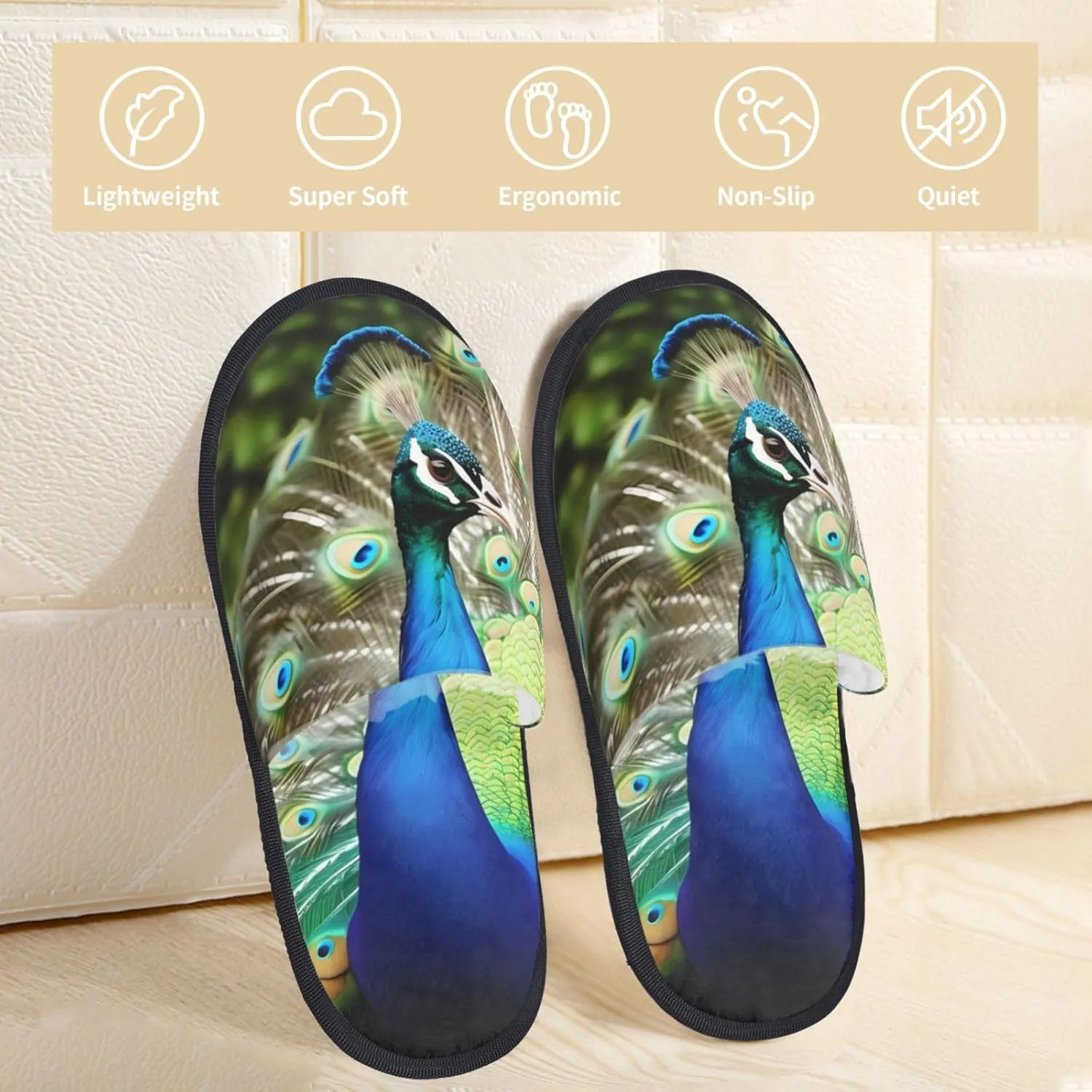 Beautiful peacock Women's Fuzzy Slippers Slip-on Slipper Soft Comfy Bedroom Slippers Non-slip House Shoes