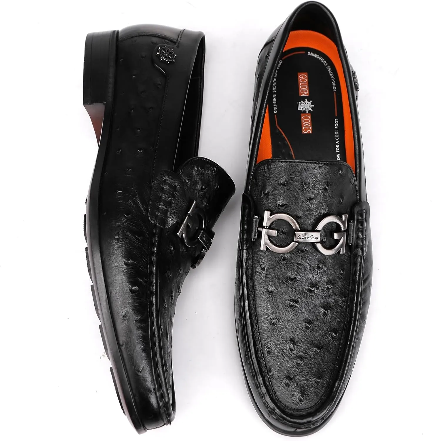 Black Luxury Men's Leather Dress Shoes, Fashion Classic Ostrich Printed Business Shoes Casual Buckle Party Wedding Penny Loafer Shoes for Men