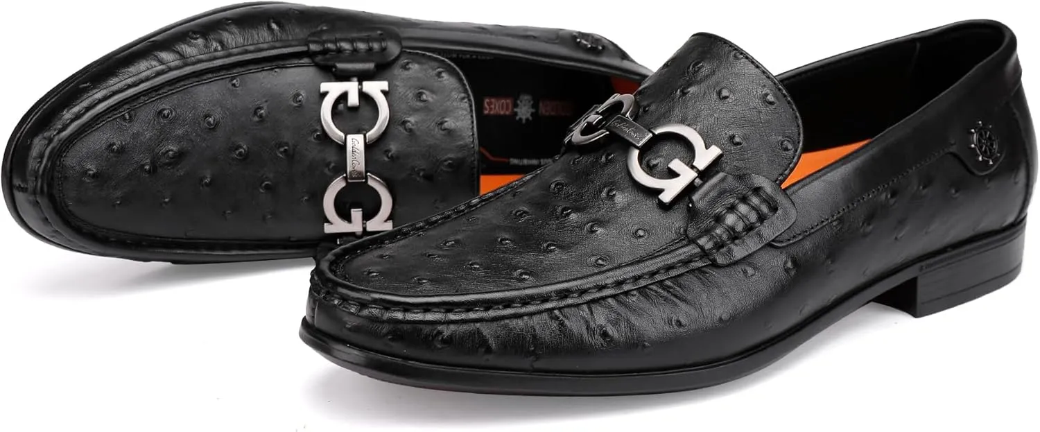 Black Luxury Men's Leather Dress Shoes, Fashion Classic Ostrich Printed Business Shoes Casual Buckle Party Wedding Penny Loafer Shoes for Men