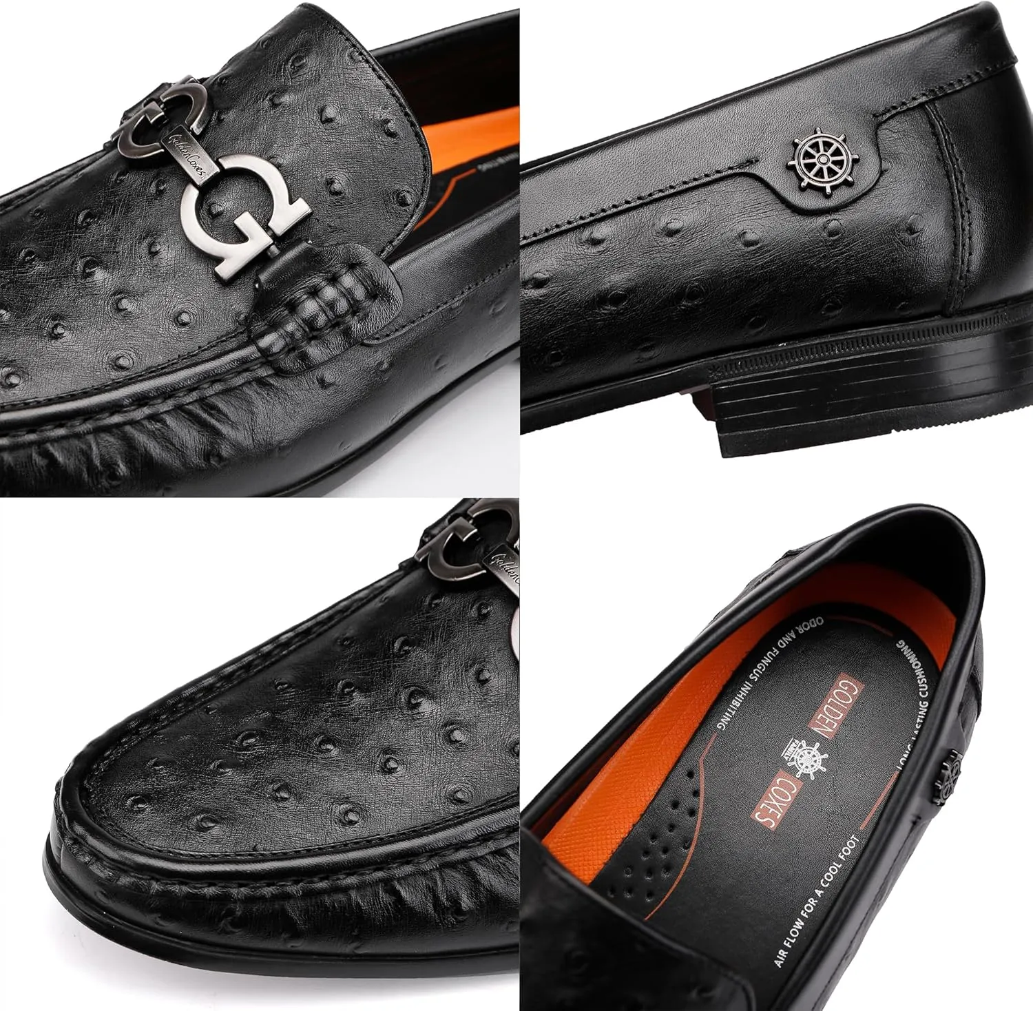 Black Luxury Men's Leather Dress Shoes, Fashion Classic Ostrich Printed Business Shoes Casual Buckle Party Wedding Penny Loafer Shoes for Men