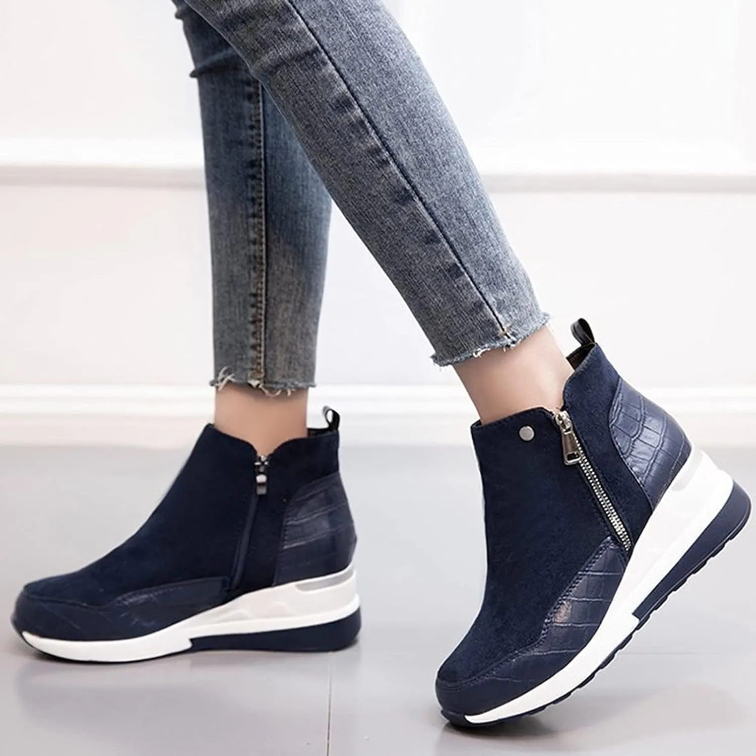 Black Mid Calf Boots For Women Low Heel Wedge Platform Boots Women Fashion Casual Zipper High Top Fashion Sneakers