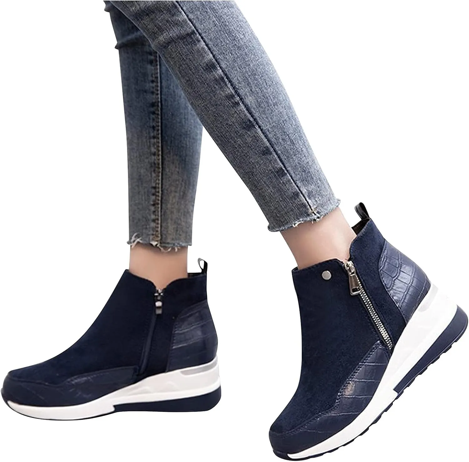 Black Mid Calf Boots For Women Low Heel Wedge Platform Boots Women Fashion Casual Zipper High Top Fashion Sneakers