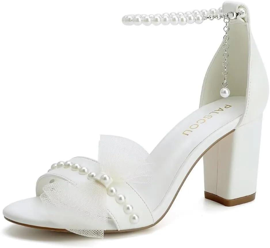 Block Heel Wedding Sandals Bridal Shoes Wedding Shoes for Bride Pearl Heels with Bow