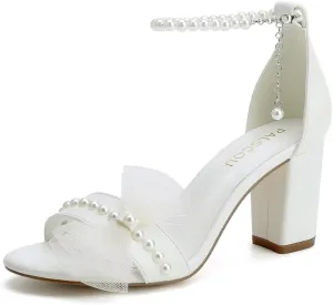 Block Heel Wedding Sandals Bridal Shoes Wedding Shoes for Bride Pearl Heels with Bow