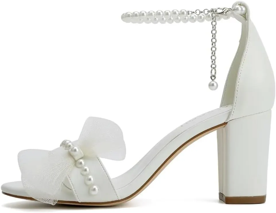 Block Heel Wedding Sandals Bridal Shoes Wedding Shoes for Bride Pearl Heels with Bow