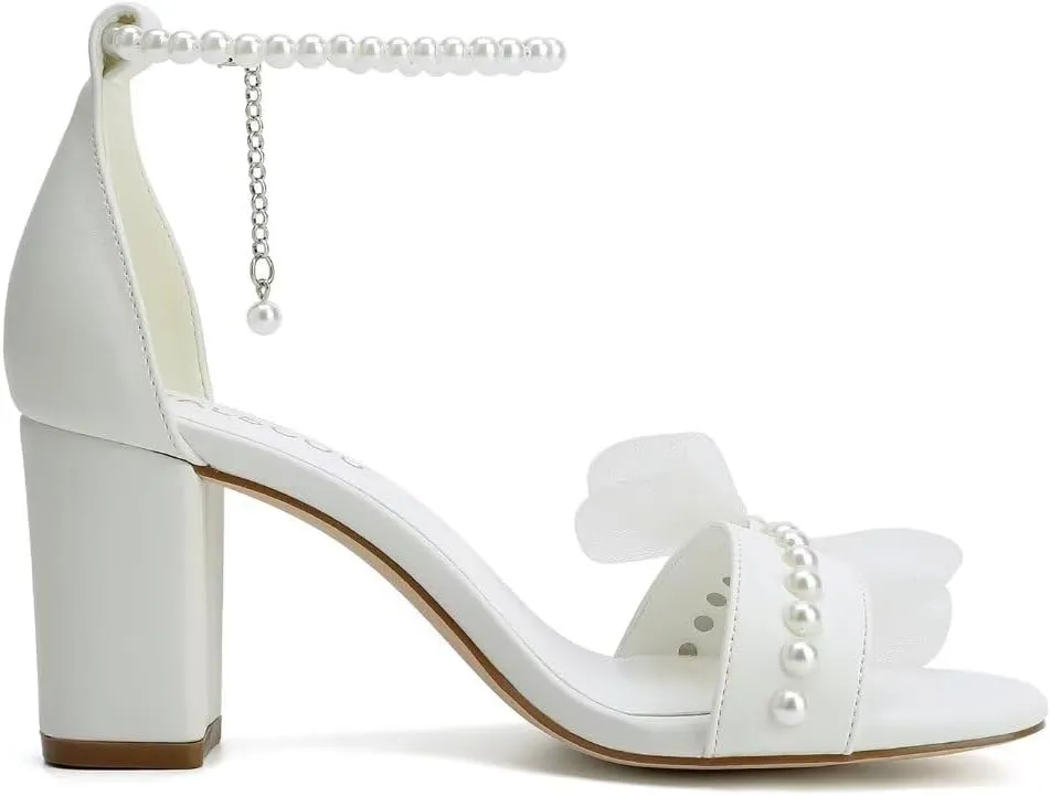 Block Heel Wedding Sandals Bridal Shoes Wedding Shoes for Bride Pearl Heels with Bow