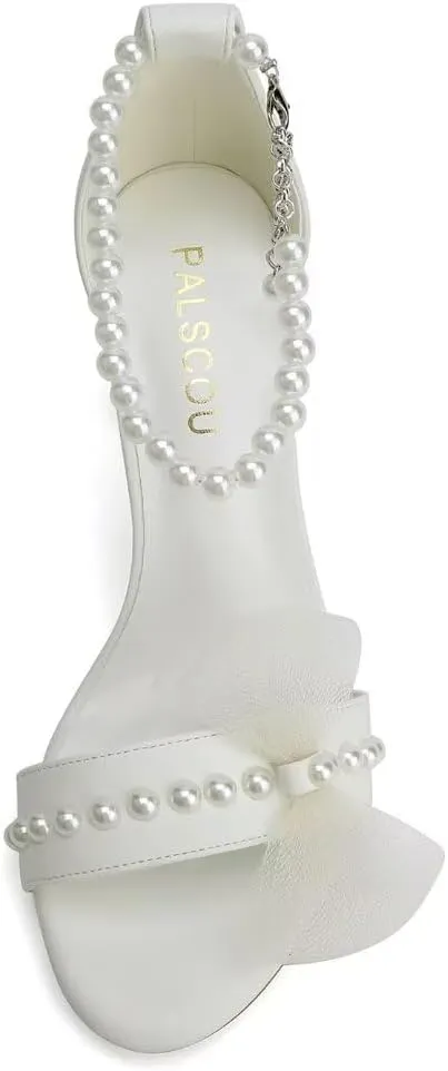 Block Heel Wedding Sandals Bridal Shoes Wedding Shoes for Bride Pearl Heels with Bow
