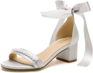 Block Heel Wedding Sandals, Pearl Embellished Ankle Strap, Low Heel Bridal Shoes for Women, Size EU 36-41