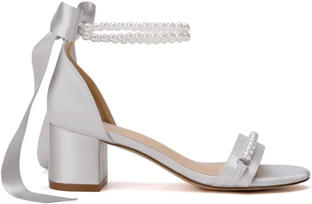 Block Heel Wedding Sandals, Pearl Embellished Ankle Strap, Low Heel Bridal Shoes for Women, Size EU 36-41