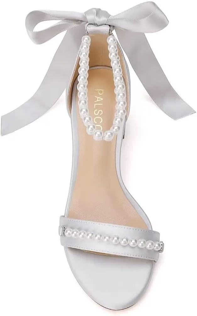 Block Heel Wedding Sandals, Pearl Embellished Ankle Strap, Low Heel Bridal Shoes for Women, Size EU 36-41