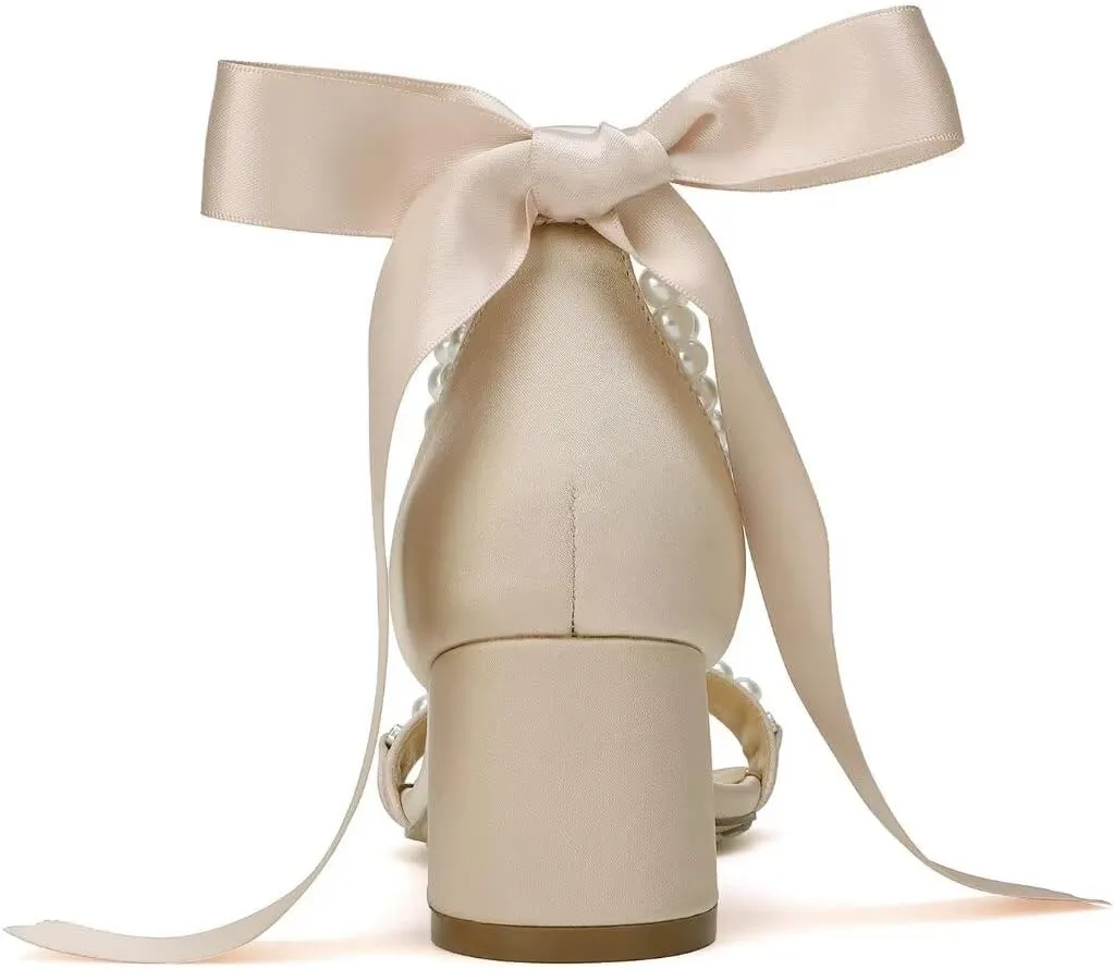 Block Heel Wedding Sandals, Pearl Embellished Ankle Strap, Low Heel Bridal Shoes for Women, Size EU 36-41